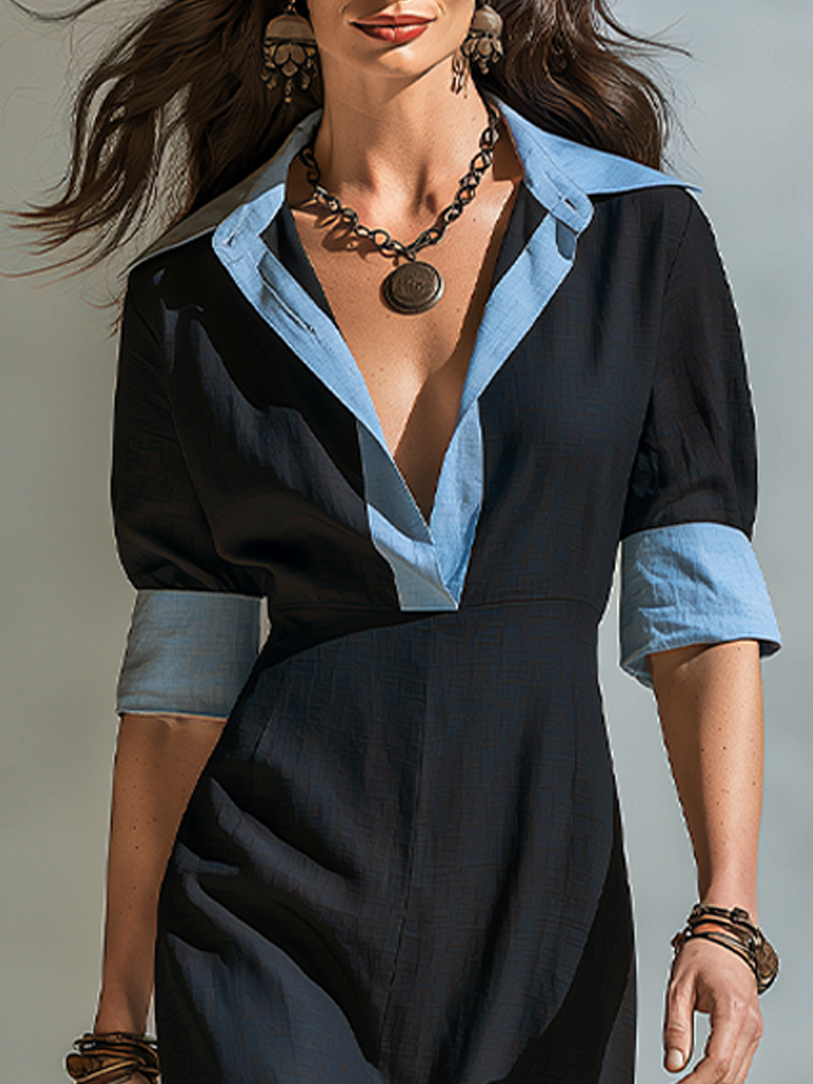 Refined Black Contrast Collar Midi Dress
