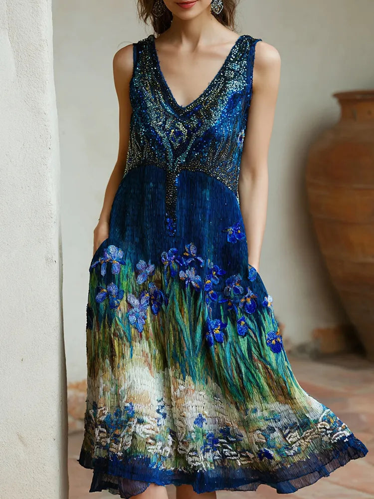 Women's Oil Painting Embroidered Iris Sequined Midi Dress