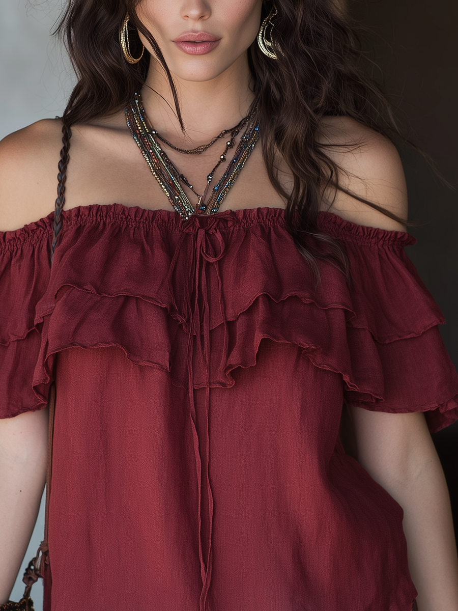 Elegant Brick Red Cotton Linen Off-shoulder Ruffle Top