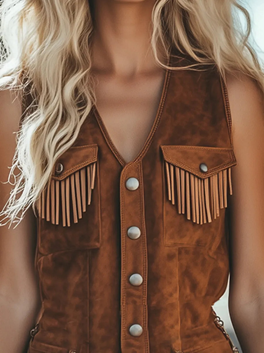[24-hour shipping out]Vintage Western Tassel Brown Suede Vest Shorts Jumpsuit