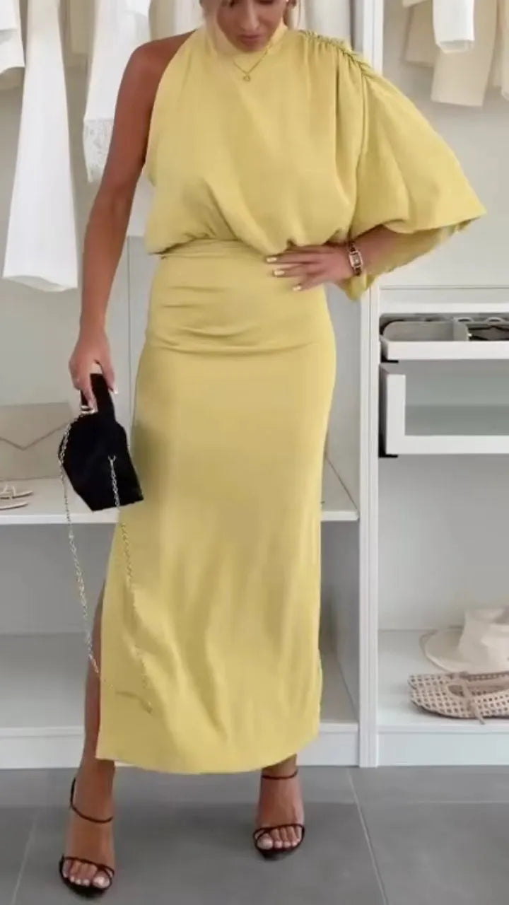 One Shoulder Ruched Waist Bodycon Slit Long Dress