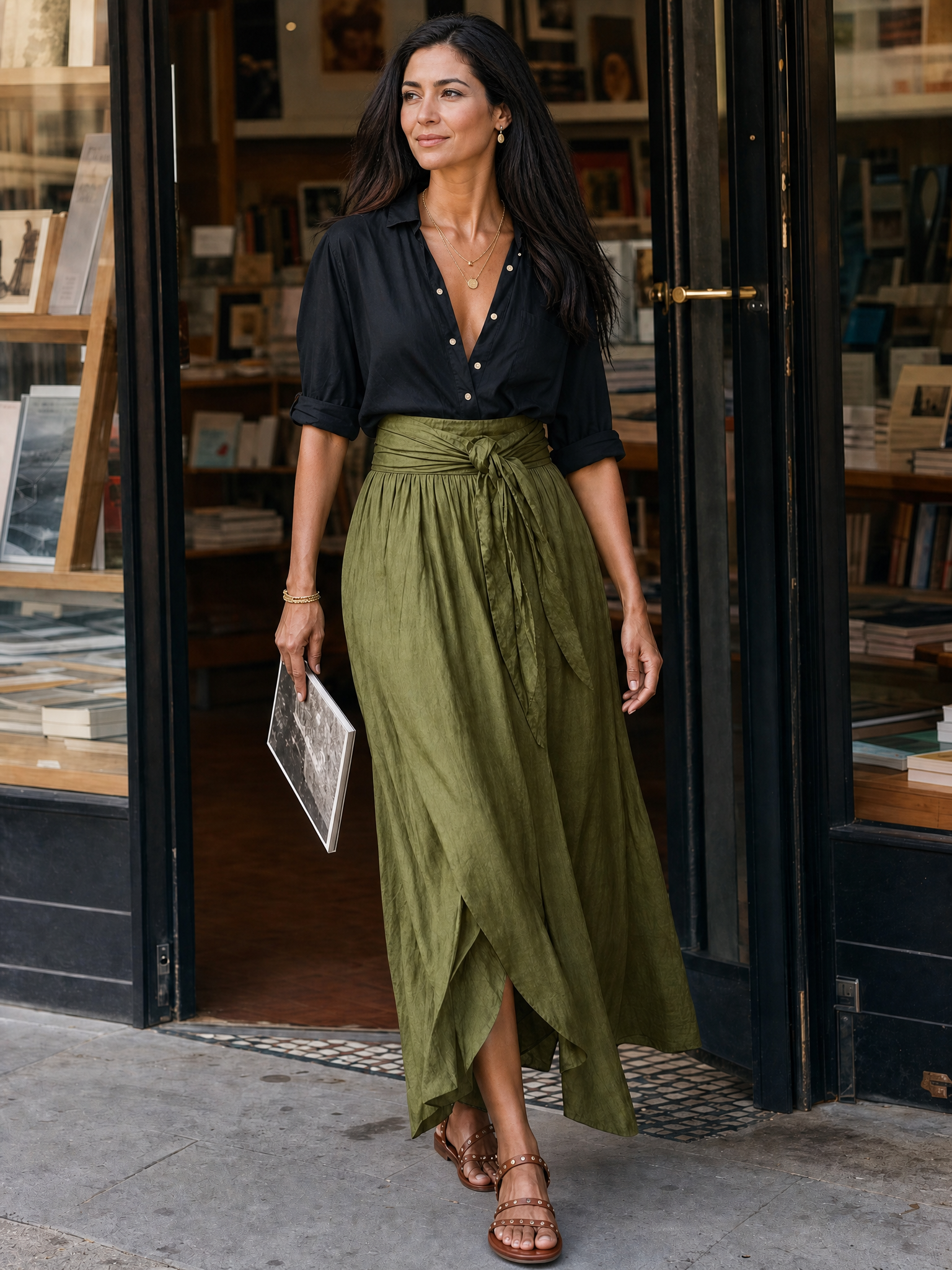 Effortless Boho Black Blouse & Olive Satin Midi Skirt Set