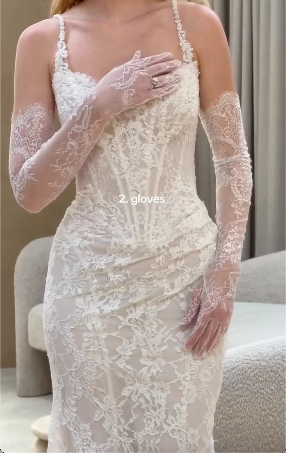 Spaghetti Strap Lace Mermaid Wedding Dress Built-in Corset Bridal Gown With Detachable Lace Gloves For Wedding Elopement Photoshoot