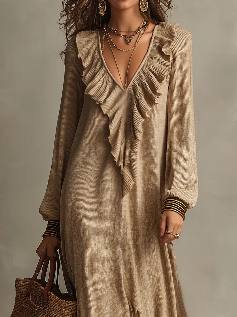Graceful Beige Cascading Ruffle Maxi Dress