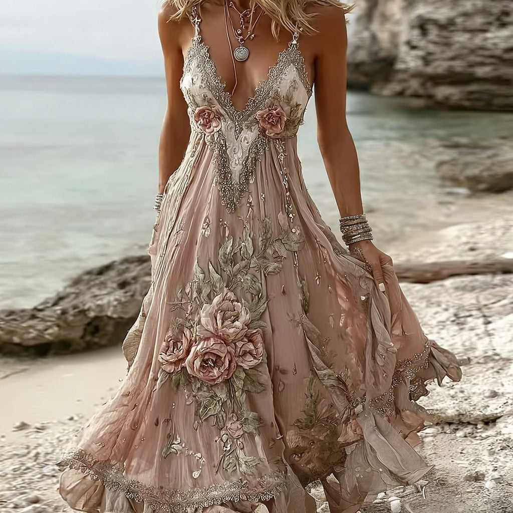 Women's Rose Floral Embroidered Casual Dress