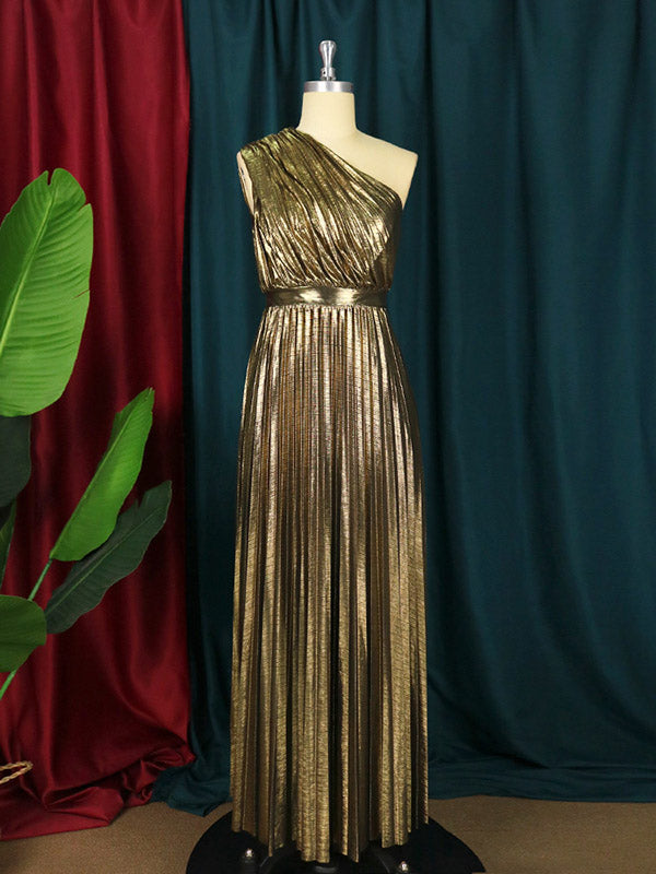 Asymmetric Pleated Shiny Solid Color High Waisted Loose One-shoulder Maxi Dresses