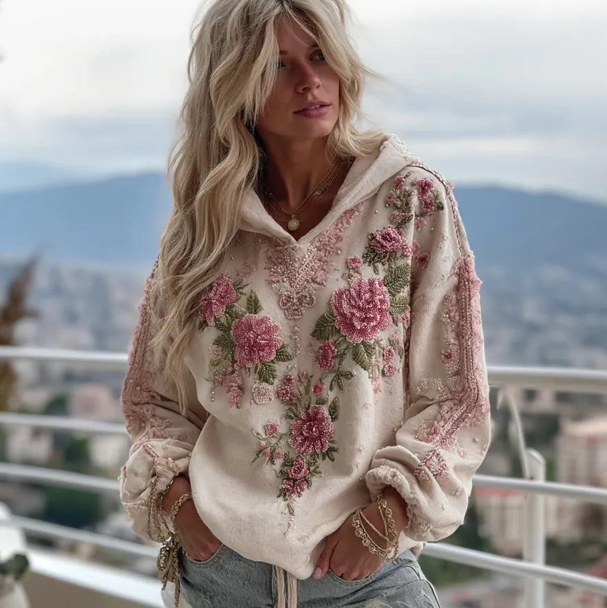 Vintage  Pink Rose Embroidery Art Hooded Sweater