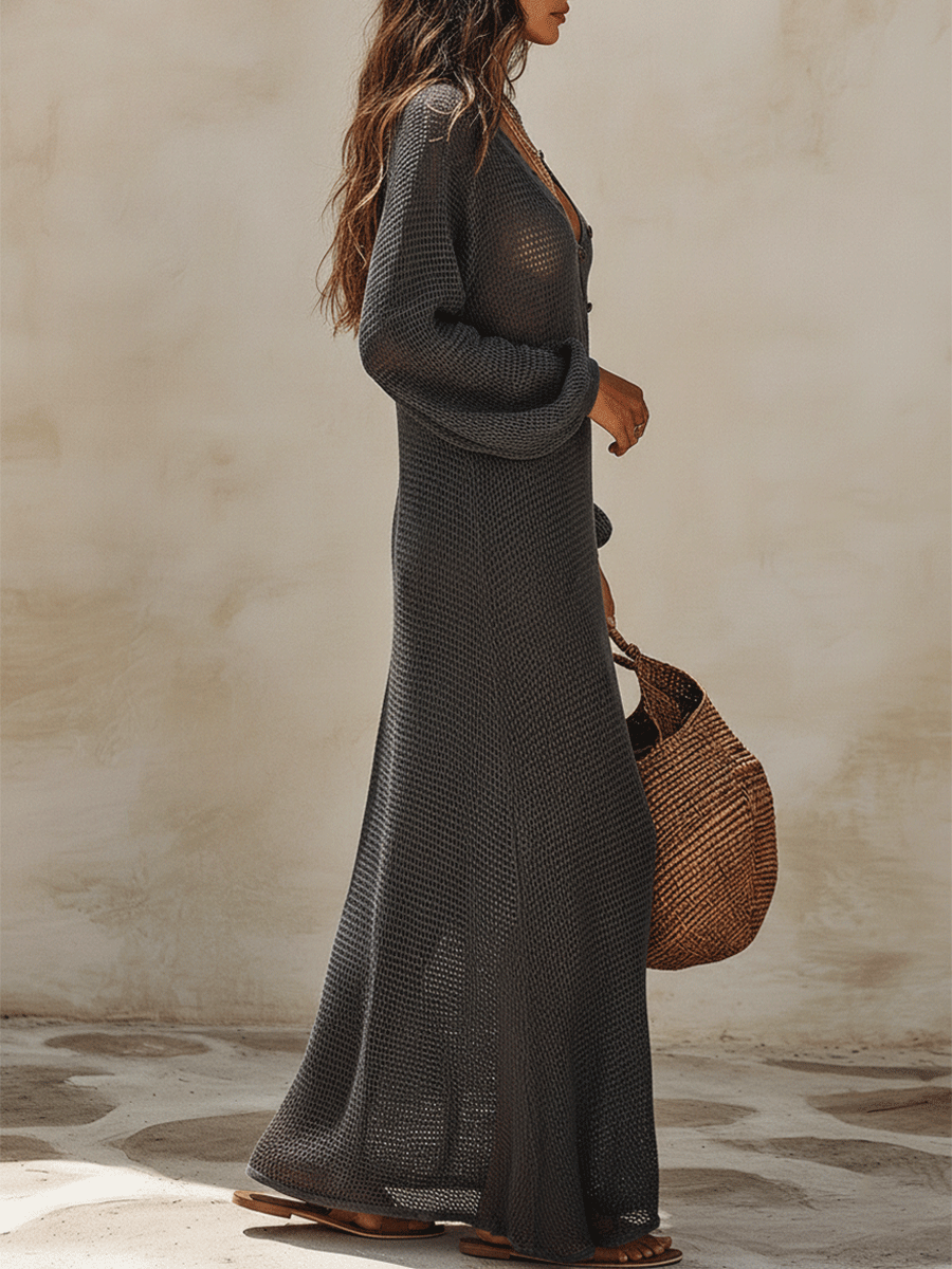 Effortless Coastal Elegance Sheer Crochet Long Sleeve Cover-Up Maxi Dress