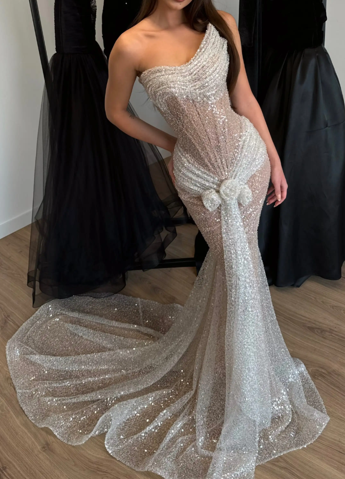 Nude & Silver Sequin One-Shoulder Mermaid Maxi Dress