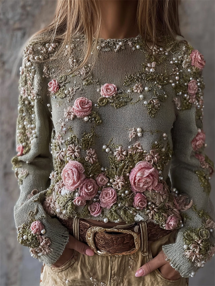 Vintage Pink Roses Pearls Embroidered Cozy Knit Sweater