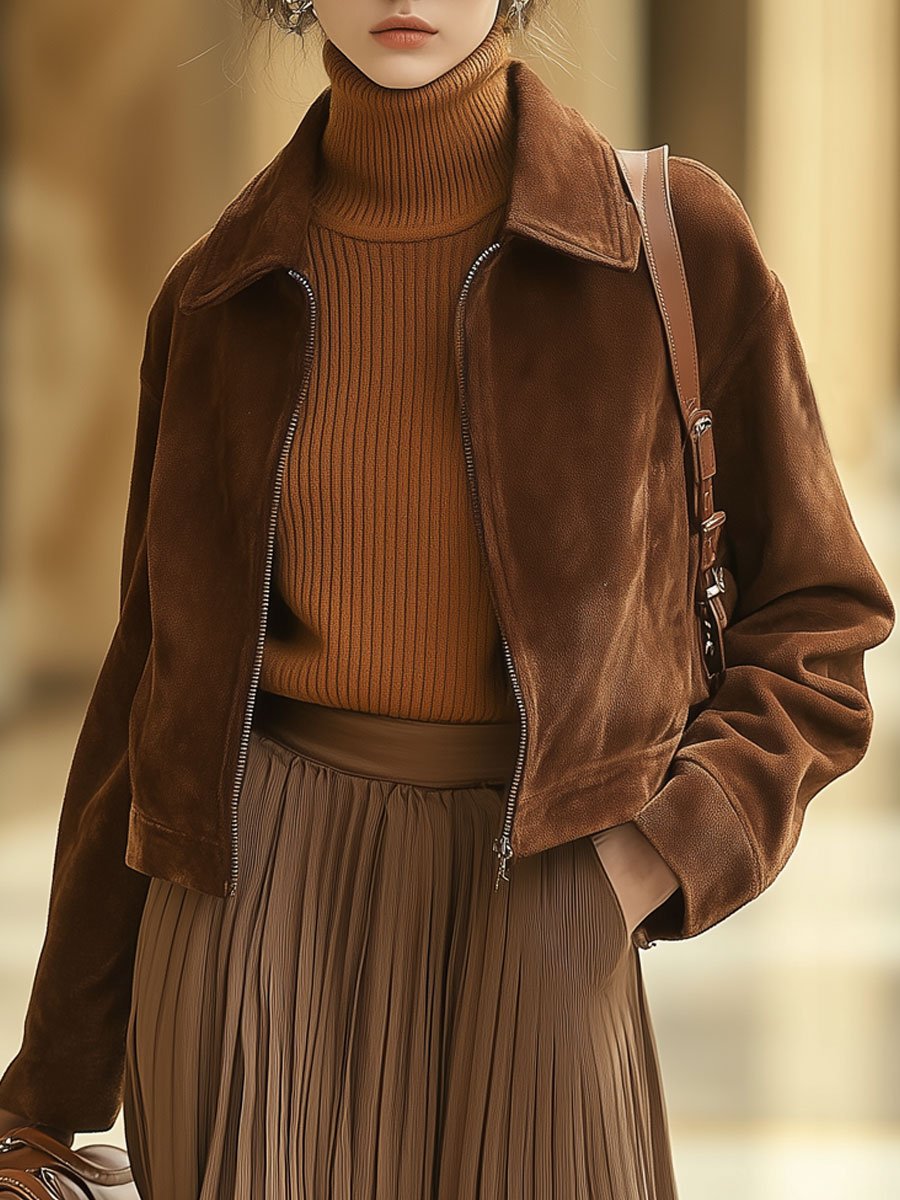 [24-hour shipping out]Casual Loose Solid Color Suede Zipper Pocket Short Jacket
