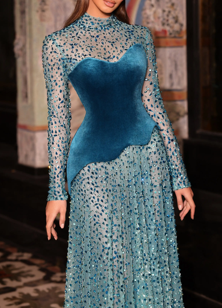 Teal Velvet & Crystal Embellished High Neck Long Sleeve Maxi Dress