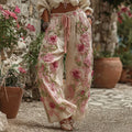 Classic Bohemian Style Pink Rose Vintage Casual Pants