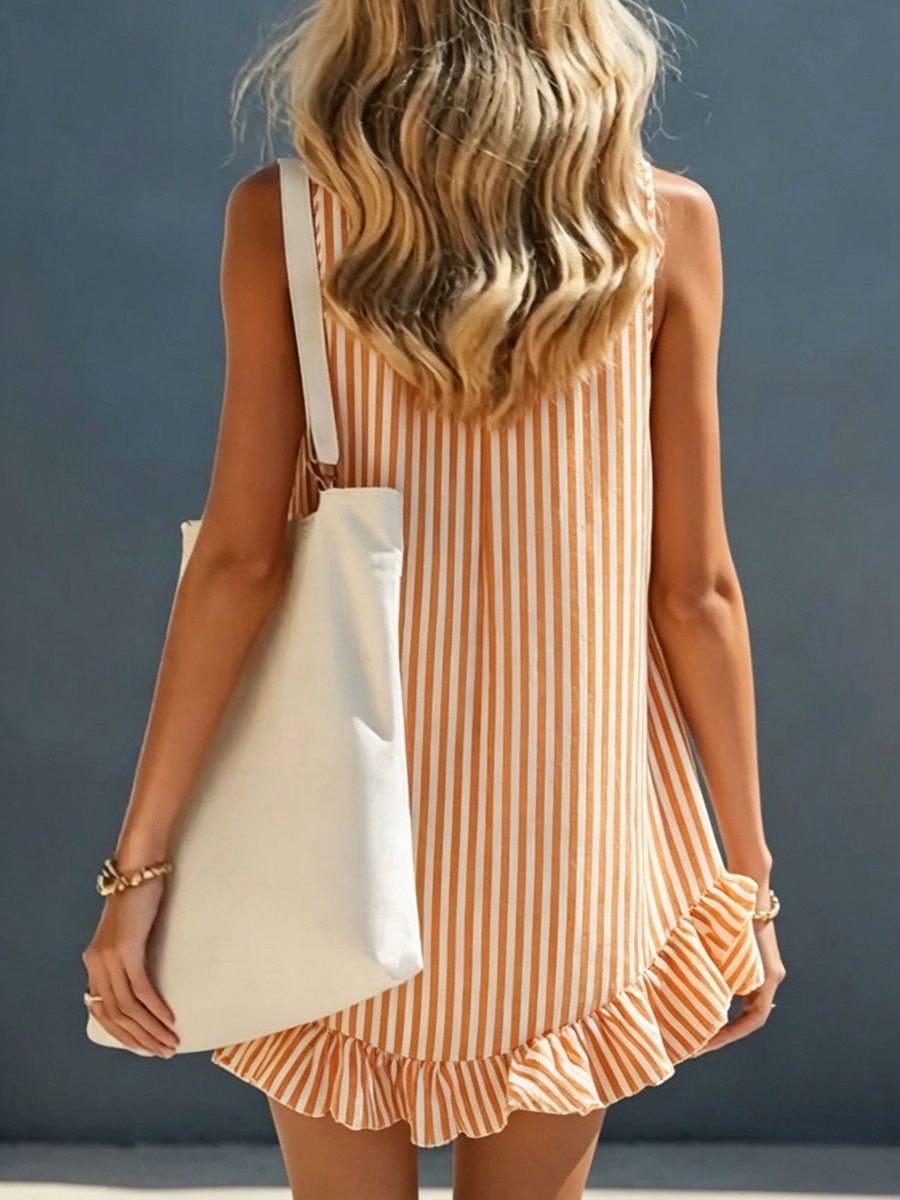 Women's Striped Ruffled Sleeveless V-Neck Spaghetti Strap Mini Dress
