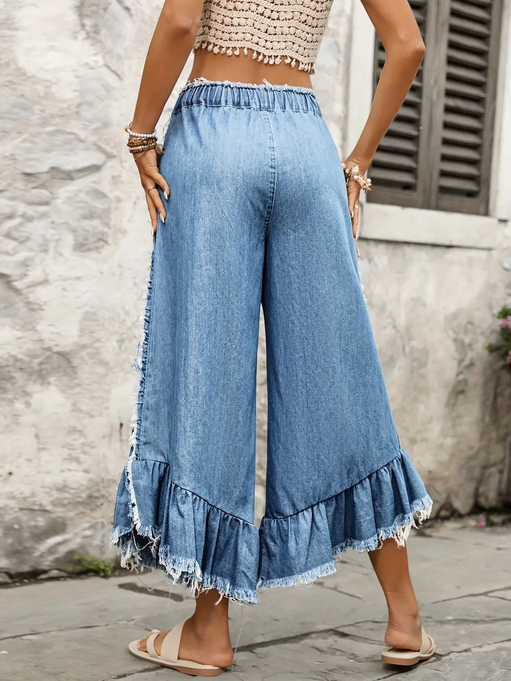 Fringed Ruffle Hem Denim Culottes