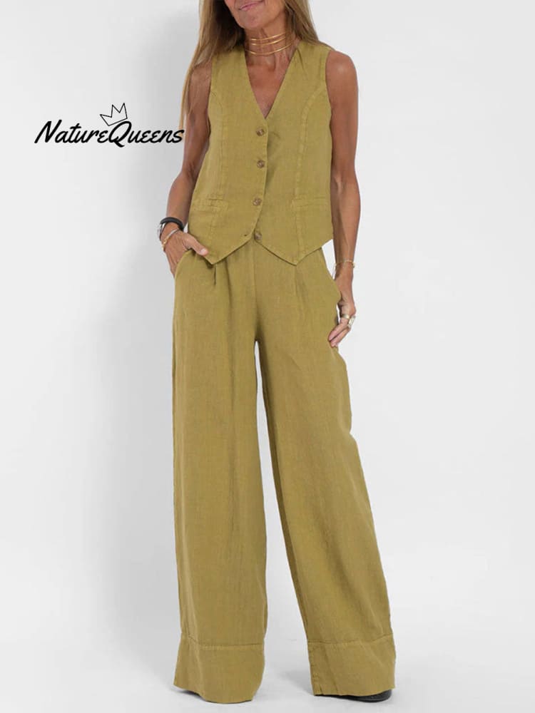 Women's Fashion Solid Color Vest Trousers Collage Stitching Cotton and Linen Casual Suit