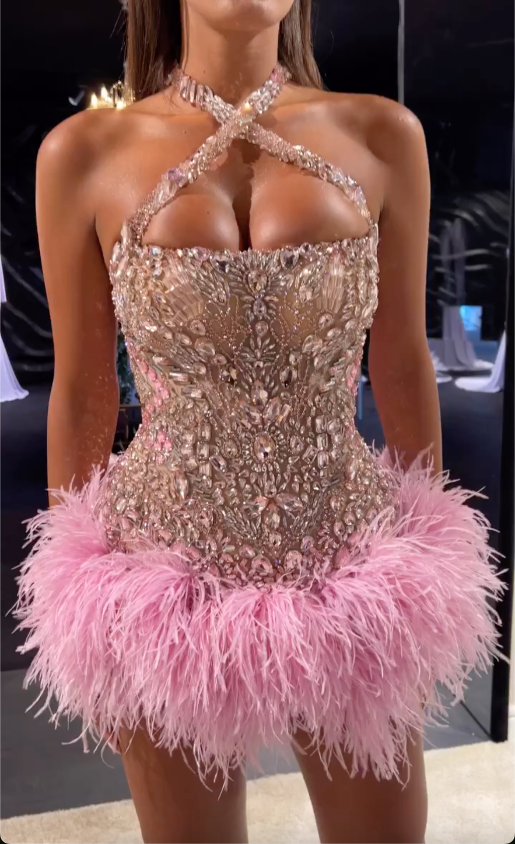 Pink Crystal Embellished Halter Mini Dress with Feather Hem