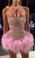 Pink Crystal Embellished Halter Mini Dress with Feather Hem