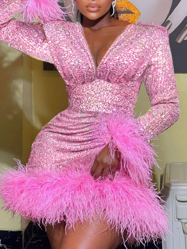 Feathers Sequined Long Sleeves V-neck Mini Dresses