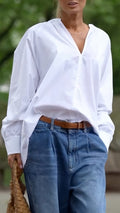 V-Neck Blouse & Dark Blue High-Waisted Wide-Leg Jeans Set