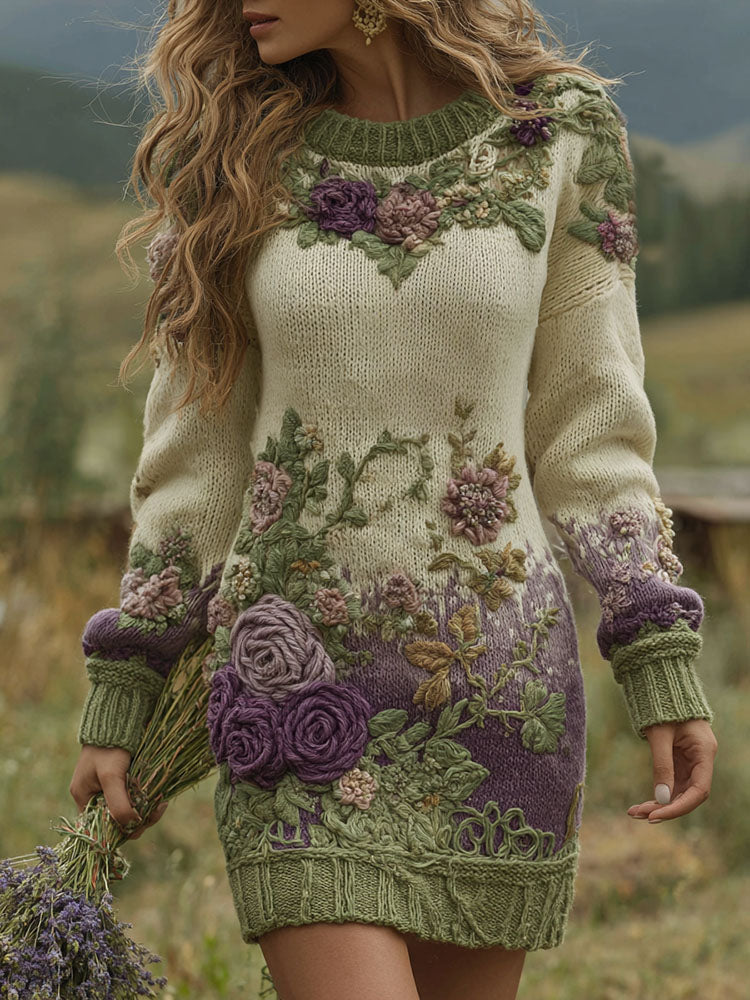 Classy Gradient Purple Lavender And Floral Art Cozy Knit Mini Sweater Dress