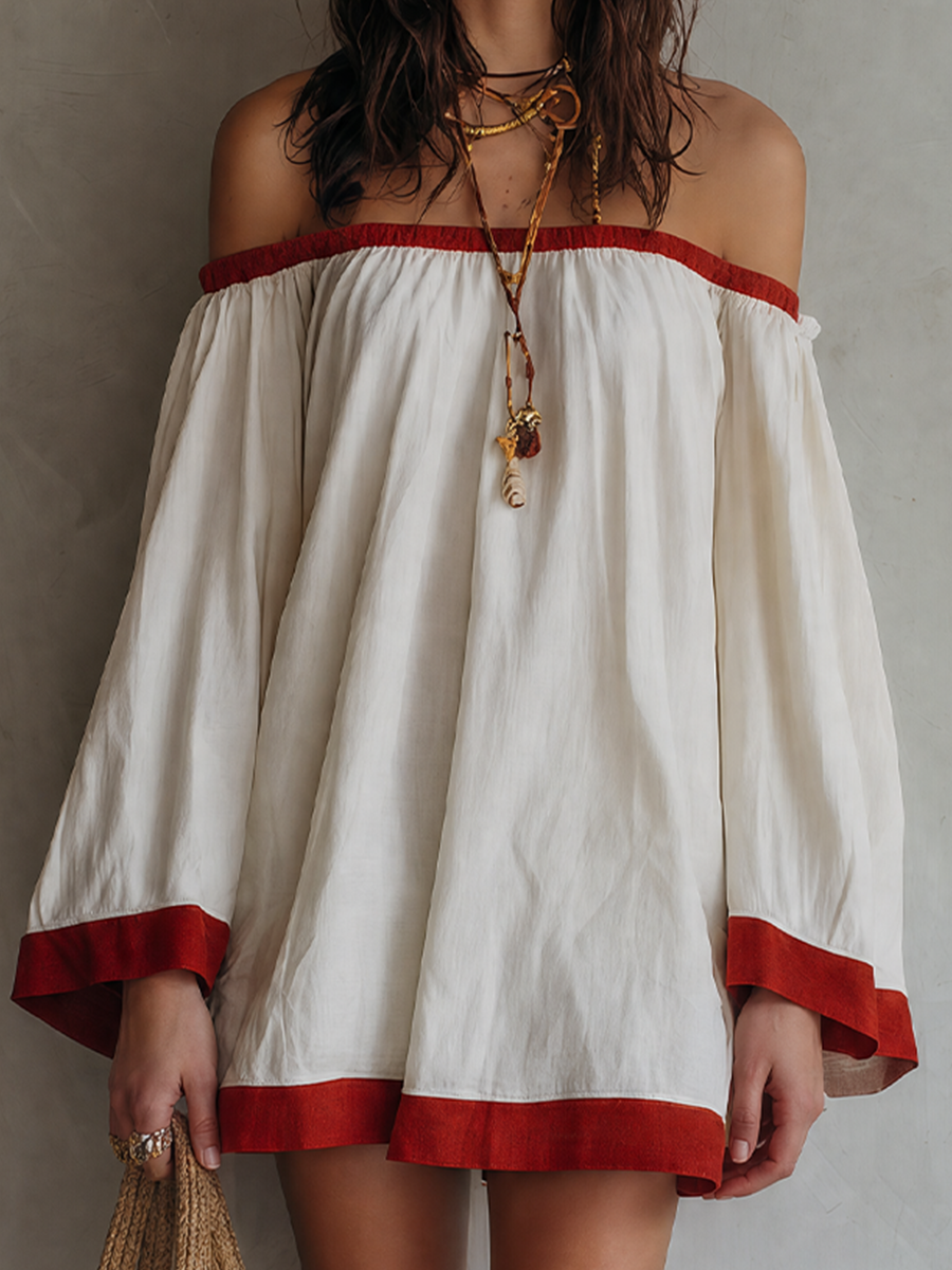 Mediterranean Chic Cotton Off Shoulder Tunic Dress