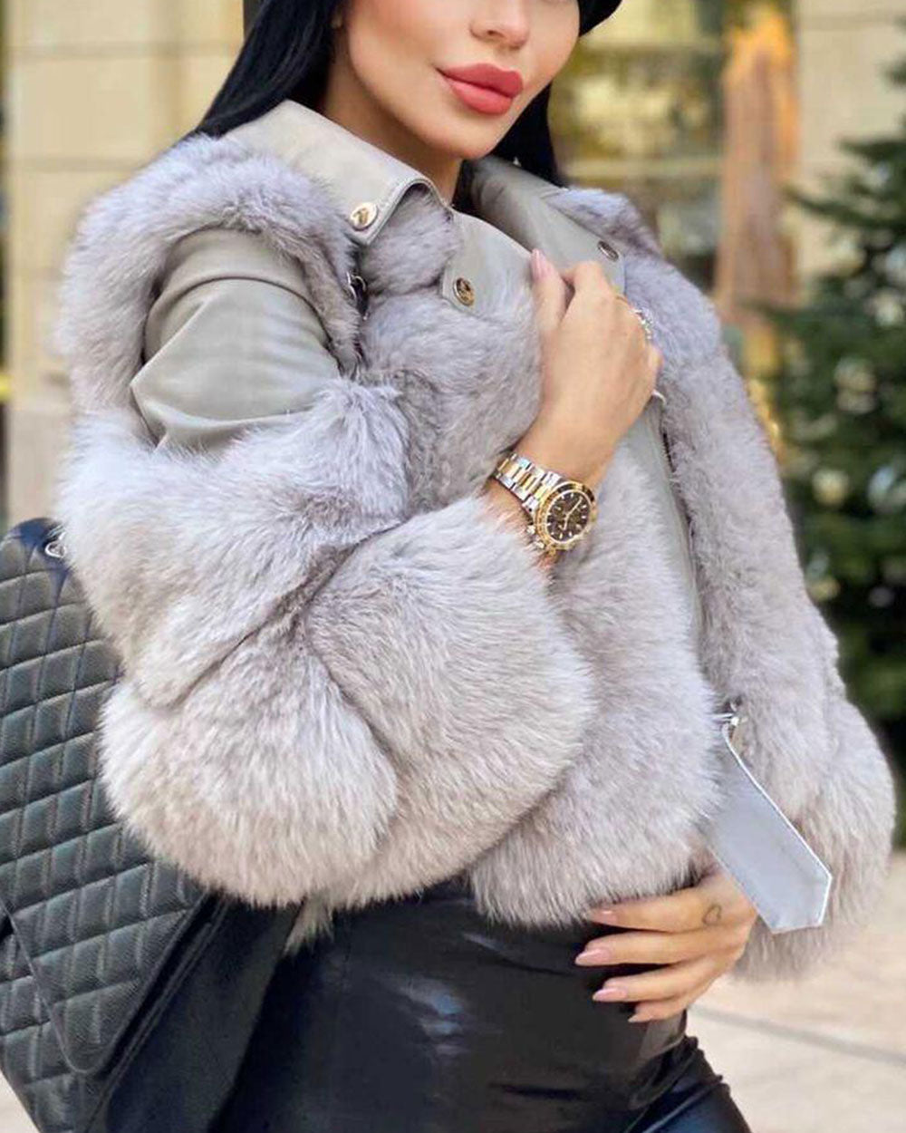 Women's winter warm long sleeves leather jacket