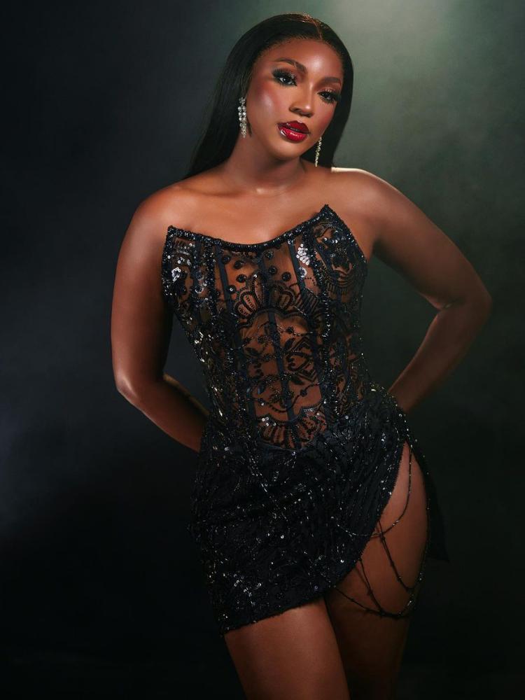 See Through Sequined Rhinestone Chain Strapless Mini Evening Dress