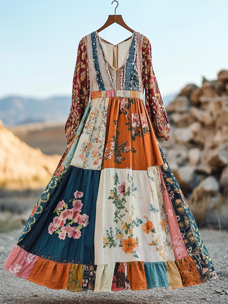 Women's Vintage Bohemian Applique Art Cotton And Linen Dress 7005