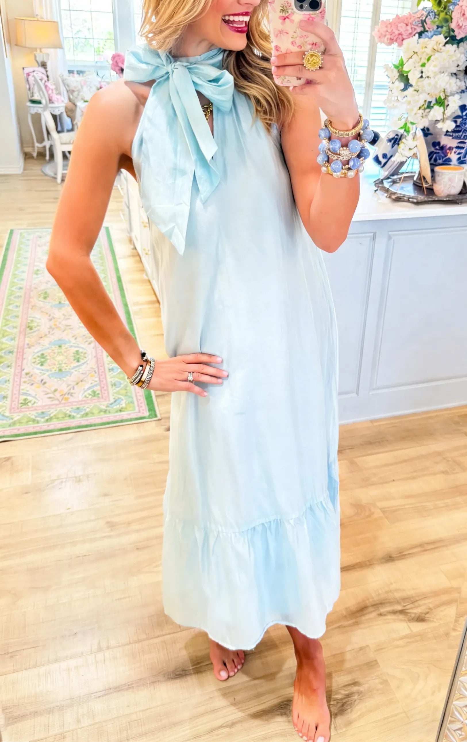 Women's Light Blue Halter Neck Bow Tie Midi Dress