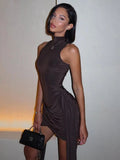 Arlina High Neck Ruched Mini Dress – Black or Brown Sleeveless Bodycon Party Dress