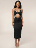 Leona Halterneck Cut-Out Midi Dress with Gold Ring Detail – Black, Pink and Olive Green Bodycon Holiday Dress