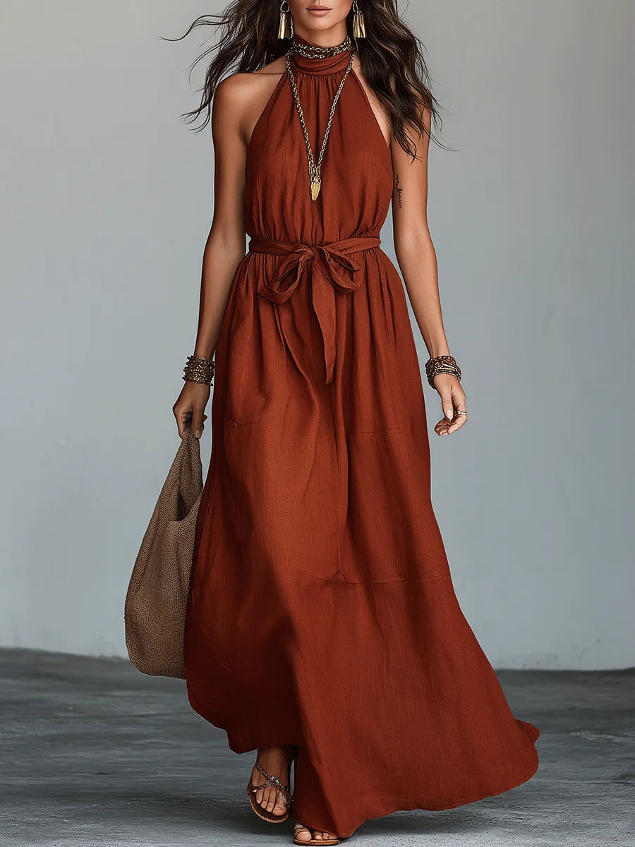 Elegant Resort Linen Sleeveless Tie-Waist Terracotta Maxi Dress