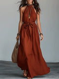 Elegant Resort Linen Sleeveless Tie-Waist Terracotta Maxi Dress