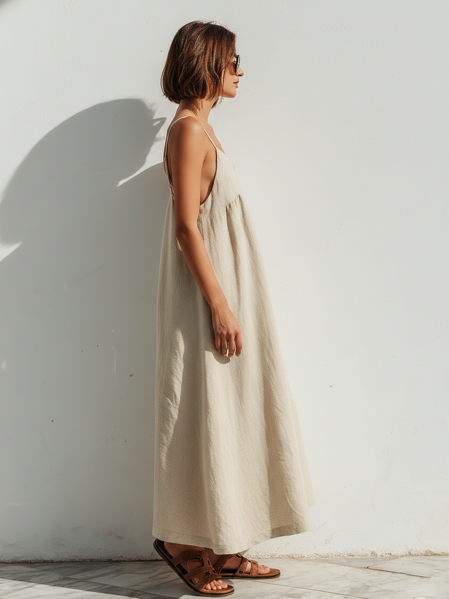 Women's Lightweight Linen Swing Dress With Loose Fit & Asymmetric Hem, Contemporary Effortless-Elegant Style Dress