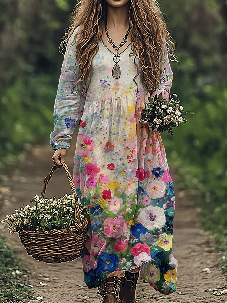 Women's Vintage Flowers Art Linen Blend Maxi Dress