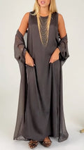 Sheer Chiffon Loose Maxi Robe And Satin Round Neck Long Dress Elegant Two Piece Set