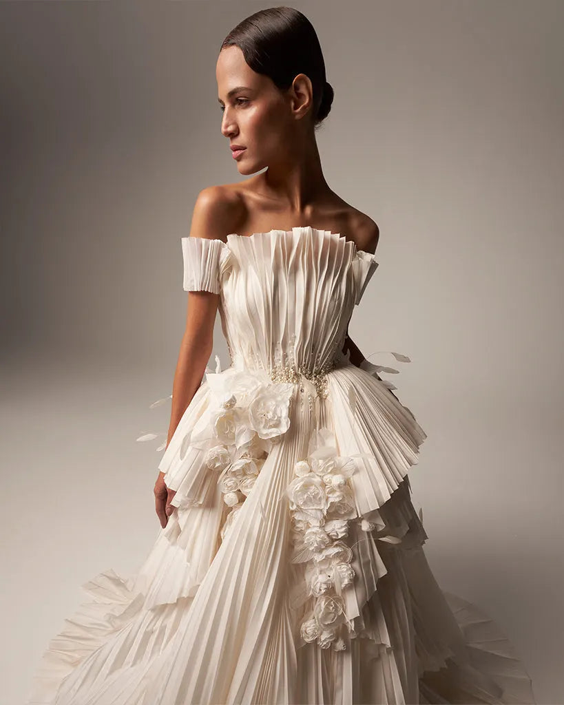 CALLA Off-Shoulder Embellished Plisse Taffeta Bridal Gown