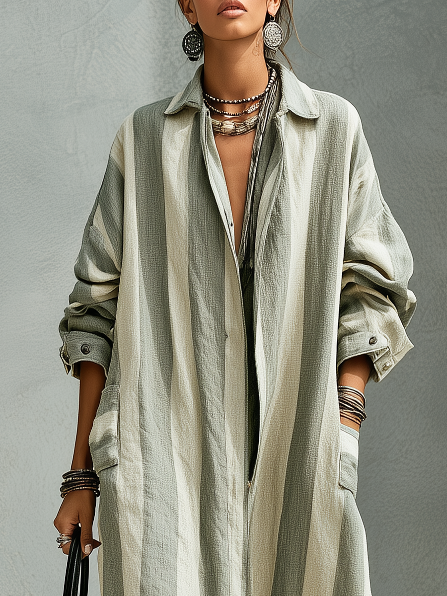 Bohemian Sage Striped Long Trench Coat