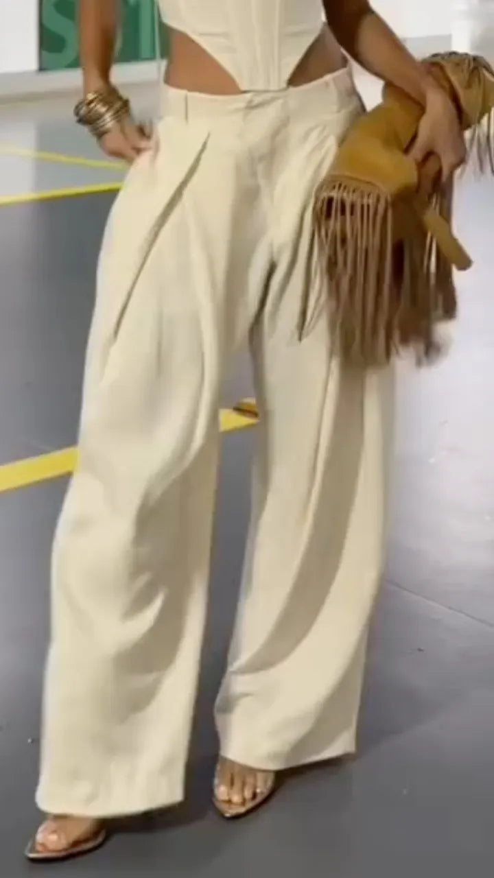 Beige Corset Cami Top and Wide Leg Pants Setts Setet