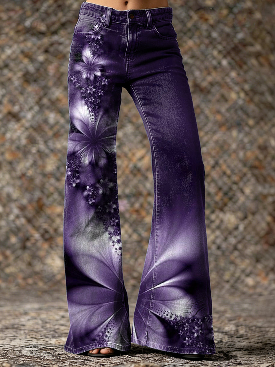 Women's Vintage Purple Gradient Floral Art Printed Casual Slim  Flared Pants