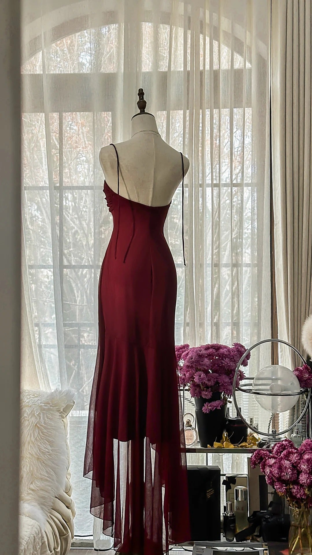 Burgundy Vintage Evening Dresses, Sleeveless Long Party Gowns  25510