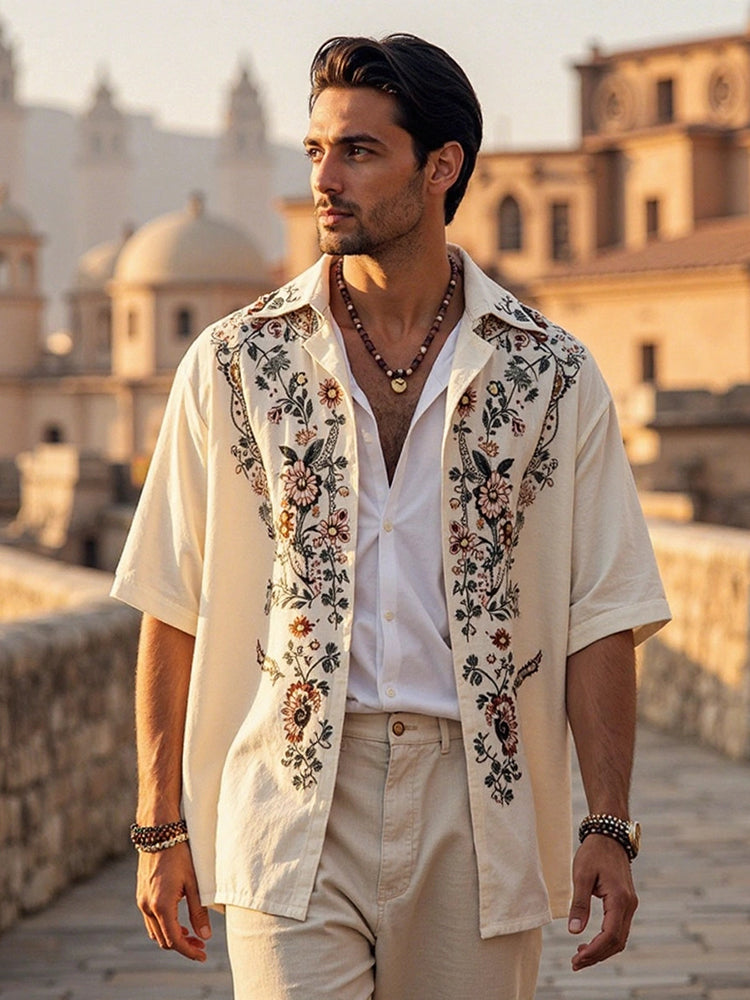 Men's Boho Floral Casual Linen Short Sleeve Shirt