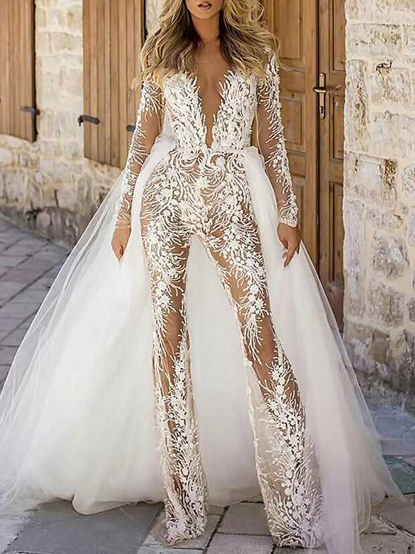 Sexy Deep V-Neck Long Sleeve Lace See-Through Split-Joint Backless Jumpsuit