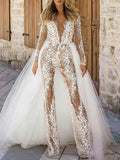 Sexy Deep V-Neck Long Sleeve Lace See-Through Split-Joint Backless Jumpsuit