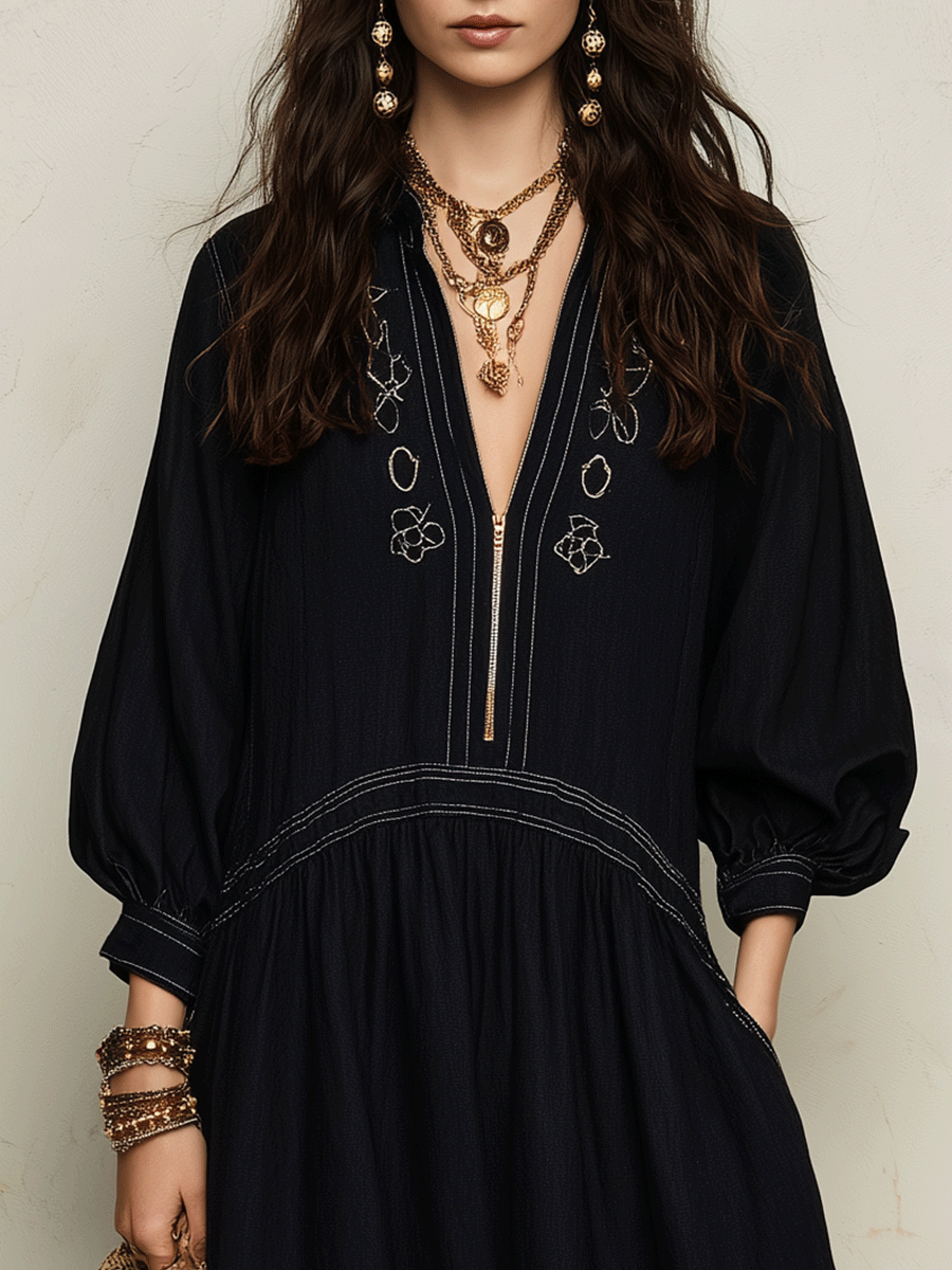Bohemian Embroidered Resort Midnight Black Midi Dress