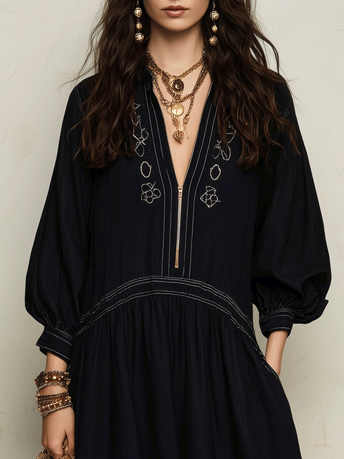 Bohemian Embroidered Resort Midnight Black Midi Dress