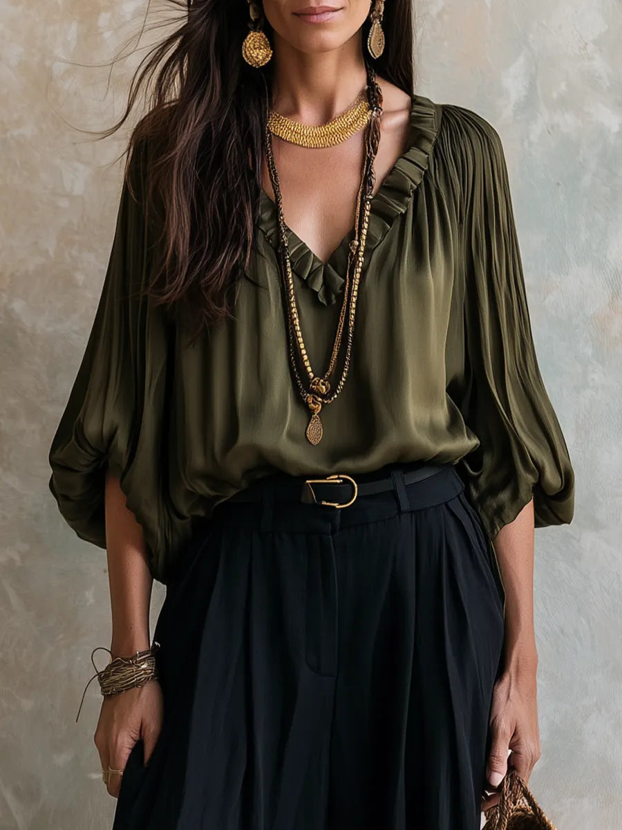 Bohemian Olive Green Ruffled Top And Lantern Pants Set