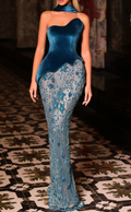Asymmetric Neck Floral Embellished Maxi Dress