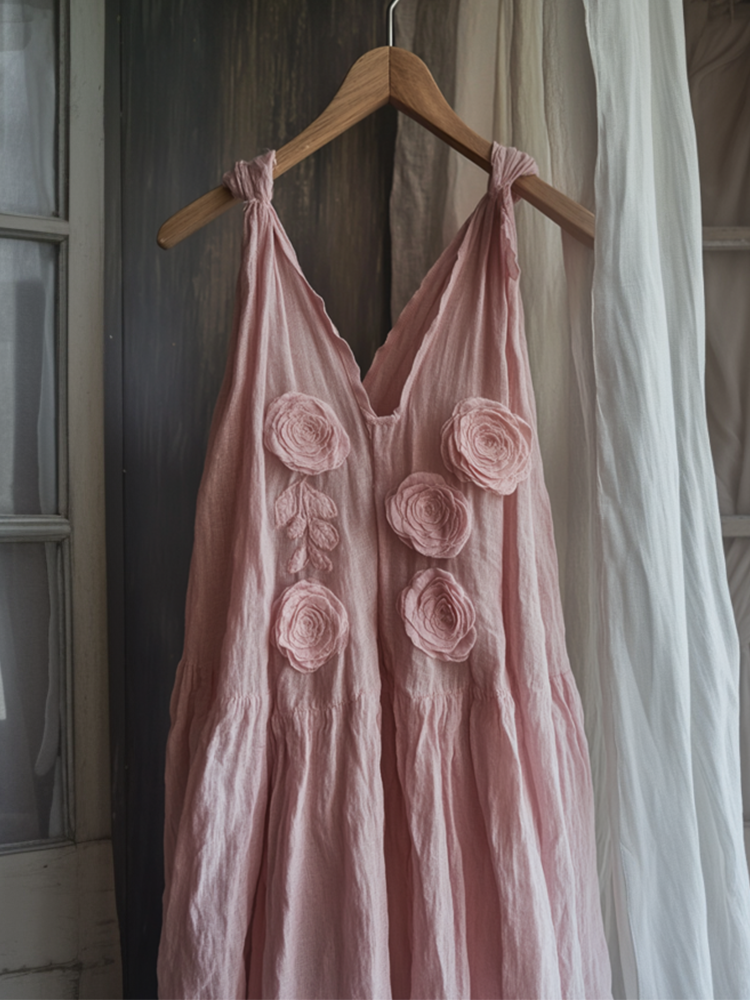 Vintage Elegant Fashion Rose Pattern Linen Vest Dress